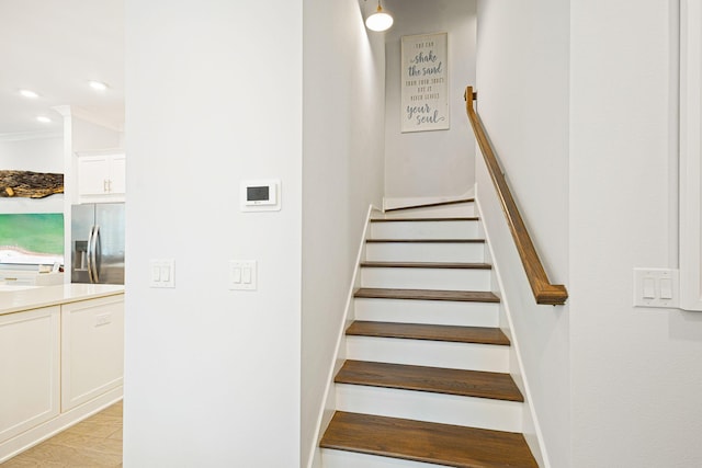 209 Milestone Dr Unit A, Inlet Beach, FL 32461 - staircase featuring crown molding and recessed lighting