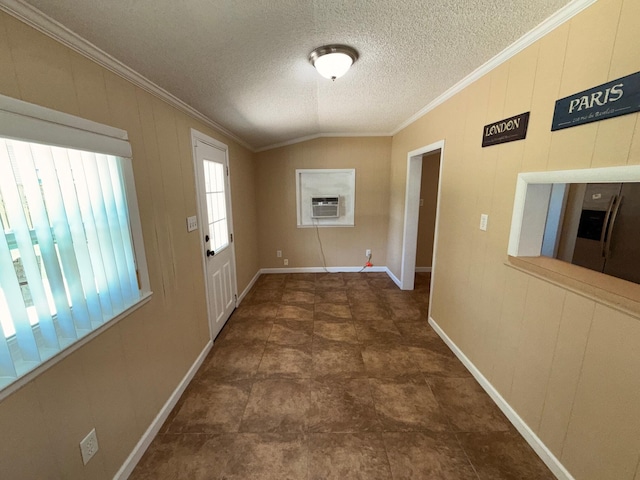905 Cloverdale Ct, Fort Walton Beach, FL 32547 - doorway to outside with crown molding, a textured ceiling, lofted ceiling, and cooling unit