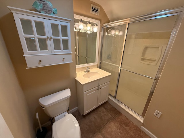 905 Cloverdale Ct, Fort Walton Beach, FL 32547 - bathroom featuring vanity, a stall shower, tile patterned floors, and lofted ceiling