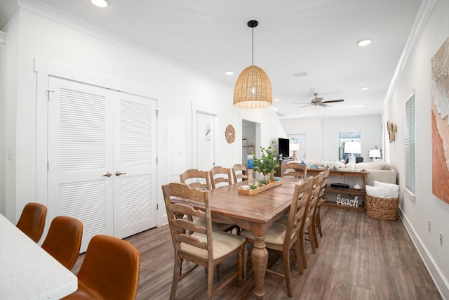148 N Sand Palm Rd, Freeport, FL 32439 - dining space with wood finished floors, recessed lighting, ornamental molding, and a ceiling fan