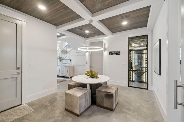 21 Scuttle Hole Rd, Santa Rosa Beach, FL 32459 - dining room featuring a wood ceiling with exposed beams, recessed lighting, coffered ceiling, and a chandelier