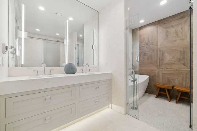 21 Scuttle Hole Rd, Santa Rosa Beach, FL 32459 - full bath featuring double vanity, a freestanding tub, a shower stall, and recessed lighting