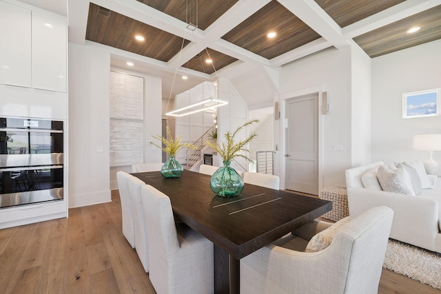 21 Scuttle Hole Rd, Santa Rosa Beach, FL 32459 - dining space with light wood-style flooring, beamed ceiling, coffered ceiling, and recessed lighting