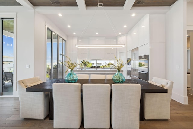 21 Scuttle Hole Rd, Santa Rosa Beach, FL 32459 - dining room with wood finished floors, coffered ceiling, recessed lighting, and beam ceiling