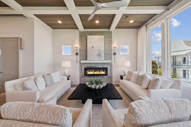 21 Scuttle Hole Rd, Santa Rosa Beach, FL 32459 - living room featuring coffered ceiling, recessed lighting, healthy amount of natural light, a fireplace, and beamed ceiling