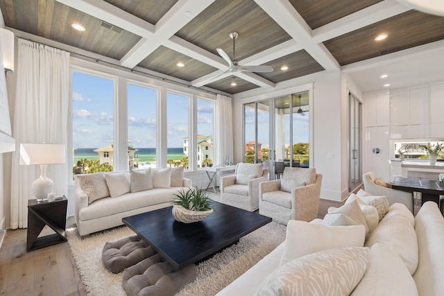 21 Scuttle Hole Rd, Santa Rosa Beach, FL 32459 - living area featuring light wood-type flooring, coffered ceiling, healthy amount of natural light, recessed lighting, and a wooden ceiling with exposed beams