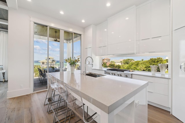 21 Scuttle Hole Rd, Santa Rosa Beach, FL 32459 - kitchen with modern cabinets, light wood finished floors, gas stovetop, white cabinets, and recessed lighting