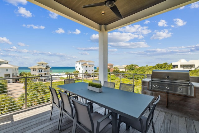 21 Scuttle Hole Rd, Santa Rosa Beach, FL 32459 - wooden terrace with ceiling fan, a water view, outdoor dining area, and area for grilling