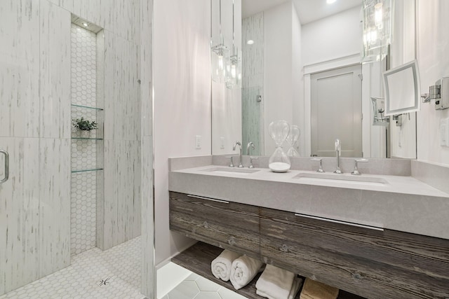 21 Scuttle Hole Rd, Santa Rosa Beach, FL 32459 - bathroom with a shower stall, double vanity, and tile patterned floors