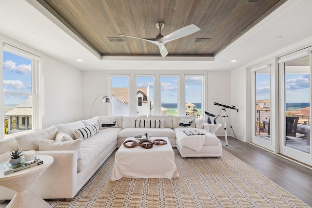 21 Scuttle Hole Rd, Santa Rosa Beach, FL 32459 - living area featuring a raised ceiling, wood finished floors, wood ceiling, a ceiling fan, and recessed lighting