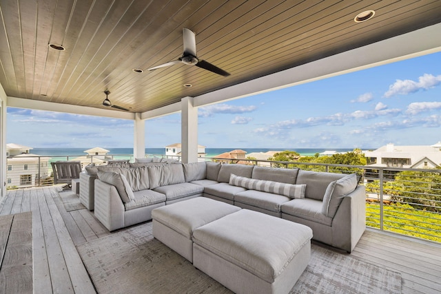 21 Scuttle Hole Rd, Santa Rosa Beach, FL 32459 - wooden deck featuring a water view, an outdoor hangout area, and a ceiling fan