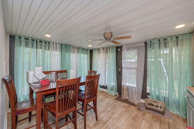 22 James Ave, Shalimar, FL 32579 - dining area with light wood finished floors, a ceiling fan, wooden ceiling, and recessed lighting