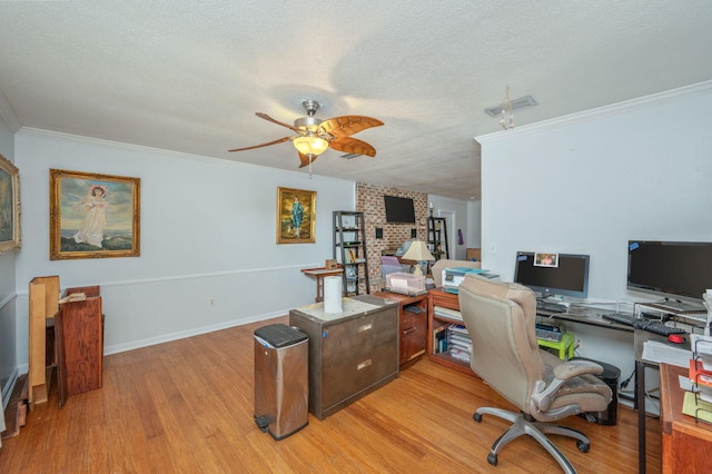22 James Ave, Shalimar, FL 32579 - home office featuring ceiling fan, light wood-style floors, a textured ceiling, and crown molding