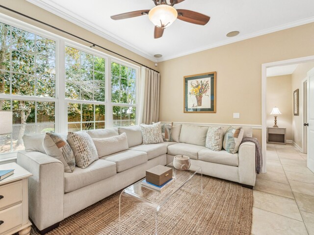 246 Seabreeze Ct, Inlet Beach, FL 32461 - living room featuring ceiling fan, light tile patterned flooring, and crown molding
