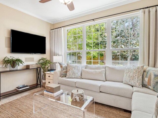 246 Seabreeze Ct, Inlet Beach, FL 32461 - living room with a ceiling fan, tile patterned floors, and crown molding