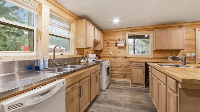 70 River Loop, Ponce De Leon, FL 32455 - kitchen featuring white appliances, butcher block counters, dark wood-type flooring, wood walls, and light brown cabinets