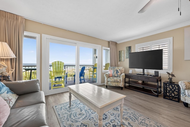 1700 Scenic Highway 98 Unit 101, Destin, FL 32541 - living room with plenty of natural light, light wood-type flooring, crown molding, and a ceiling fan