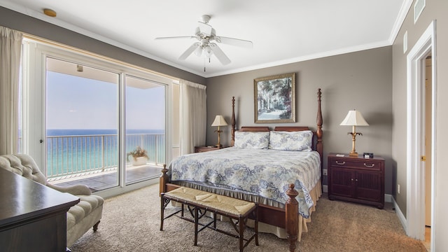 6415 Thomas Dr Unit 1205, Panama City Beach, FL 32408 - bedroom featuring access to exterior, carpet, ornamental molding, a water view, and ceiling fan