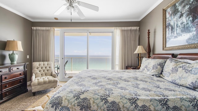 6415 Thomas Dr Unit 1205, Panama City Beach, FL 32408 - bedroom featuring access to outside, ornamental molding, a water view, multiple windows, and a ceiling fan