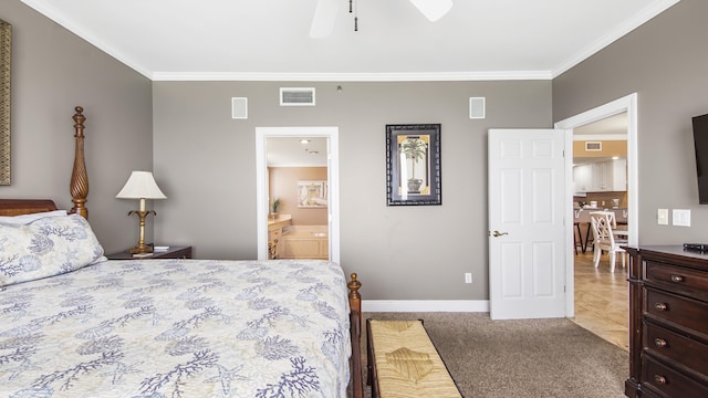 6415 Thomas Dr Unit 1205, Panama City Beach, FL 32408 - bedroom featuring ornamental molding, carpet flooring, ensuite bath, and ceiling fan