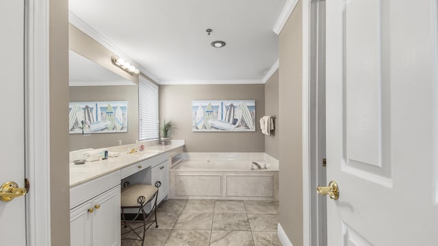 6415 Thomas Dr Unit 1205, Panama City Beach, FL 32408 - full bathroom with crown molding, a garden tub, and vanity