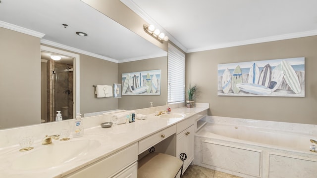 6415 Thomas Dr Unit 1205, Panama City Beach, FL 32408 - bathroom with a bath, a stall shower, double vanity, and ornamental molding