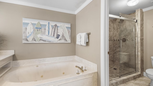6415 Thomas Dr Unit 1205, Panama City Beach, FL 32408 - bathroom featuring a tub with jets, ornamental molding, and a shower stall