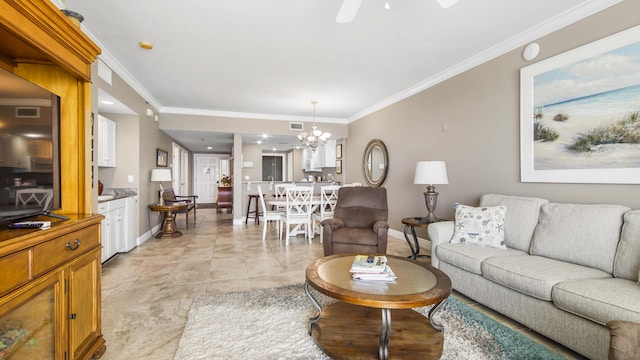 6415 Thomas Dr Unit 1205, Panama City Beach, FL 32408 - living room with crown molding, ceiling fan, and a chandelier