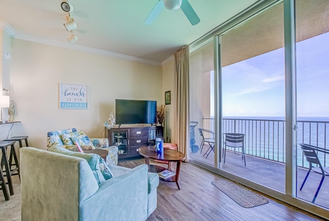 16819 Front Beach Rd Unit 2910, Panama City Beach, FL 32413 - living room with ceiling fan, wood finished floors, ornamental molding, a wall of windows, and track lighting
