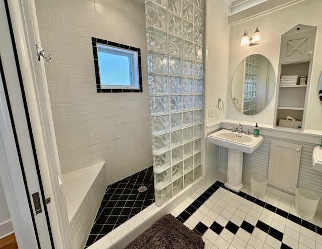 209 Dune Crest Ln, Panama City Beach, FL 32413 - bathroom featuring walk in shower, crown molding, and tile patterned floors