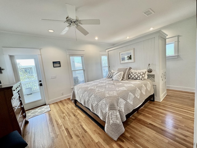 209 Dune Crest Ln, Panama City Beach, FL 32413 - bedroom with light wood-style flooring, ornamental molding, a ceiling fan, recessed lighting, and access to exterior