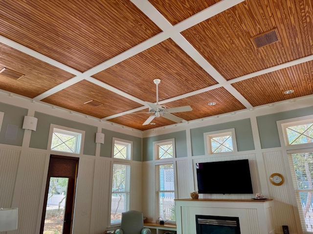 209 Dune Crest Ln, Panama City Beach, FL 32413 - living room with a fireplace, wood ceiling, and ceiling fan
