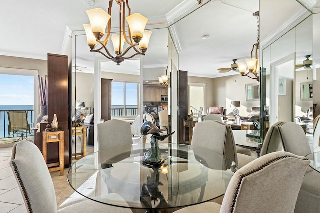 6323 Thomas Dr Unit 904B, Panama City Beach, FL 32408 - dining area with ceiling fan, ornamental molding, and a chandelier
