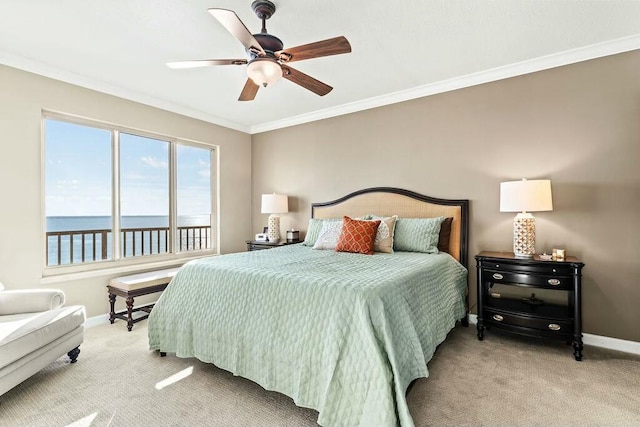 6323 Thomas Dr Unit 904B, Panama City Beach, FL 32408 - bedroom with carpet flooring, a water view, ornamental molding, and ceiling fan