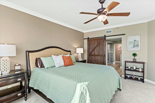 6323 Thomas Dr Unit 904B, Panama City Beach, FL 32408 - carpeted bedroom featuring a barn door, crown molding, and ceiling fan