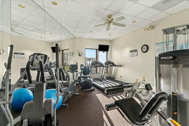 6323 Thomas Dr Unit 904B, Panama City Beach, FL 32408 - workout area featuring a paneled ceiling, ceiling fan, and carpet