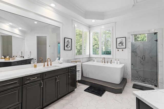 4564 Nautical Ct, Destin, FL 32541 - bathroom with a marble finish shower, vanity, a freestanding bath, tile patterned flooring, and ornamental molding