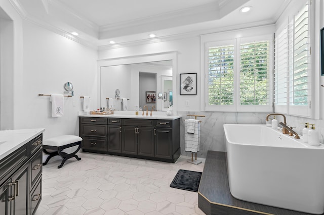 4564 Nautical Ct, Destin, FL 32541 - bathroom with plenty of natural light, vanity, crown molding, recessed lighting, and a soaking tub