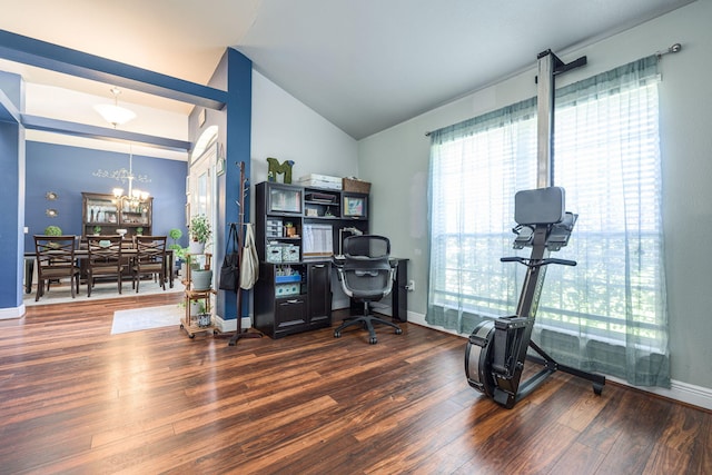 222 Raptor Dr, Crestview, FL 32536 - office area featuring a chandelier, plenty of natural light, wood finished floors, and lofted ceiling