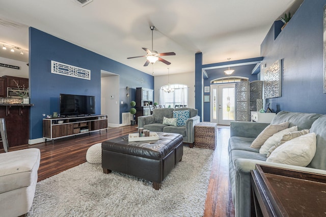 222 Raptor Dr, Crestview, FL 32536 - living area with wood finished floors, a chandelier, and ceiling fan