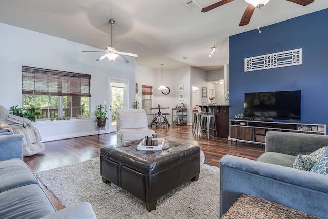 222 Raptor Dr, Crestview, FL 32536 - living room with a ceiling fan, hardwood / wood-style floors, and rail lighting