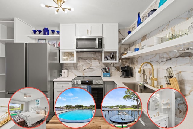 210 Pelham Rd Unit 211B, Fort Walton Beach, FL 32547 - kitchen featuring stainless steel appliances, open shelves, light countertops, and backsplash