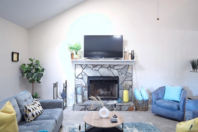 34 5th Ave Unit A, Shalimar, FL 32579 - carpeted living room with a fireplace and lofted ceiling