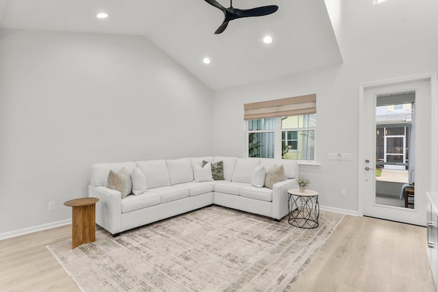 8450 Dreams Float Ct, Panama City Beach, FL 32413 - living room with a ceiling fan, light wood finished floors, recessed lighting, and high vaulted ceiling