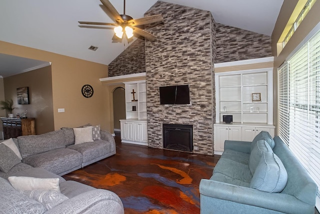 574 Avalon Blvd, Miramar Beach, FL 32550 - living room featuring a stone fireplace, ceiling fan, high vaulted ceiling, and built in shelves