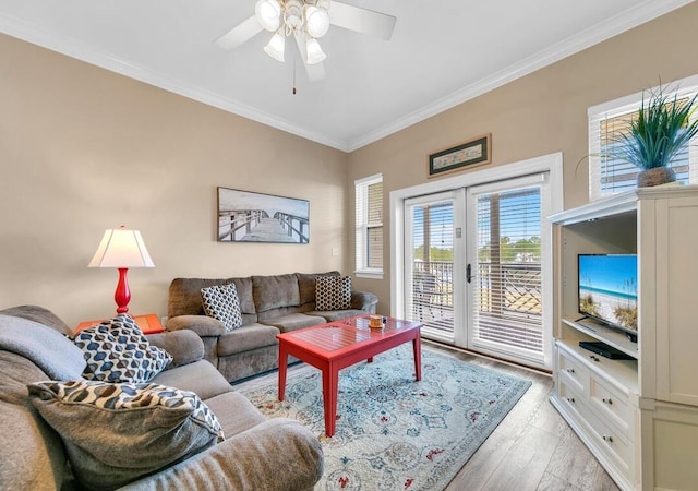 231 Somerset Bridge Rd Unit 2308, Santa Rosa Beach, FL 32459 - living area with french doors, light wood-style floors, crown molding, and ceiling fan