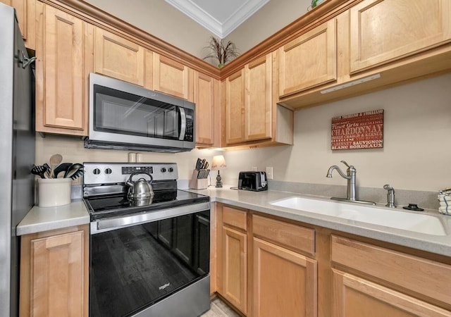 231 Somerset Bridge Rd Unit 2308, Santa Rosa Beach, FL 32459 - kitchen with stainless steel appliances, crown molding, light countertops, and light brown cabinets
