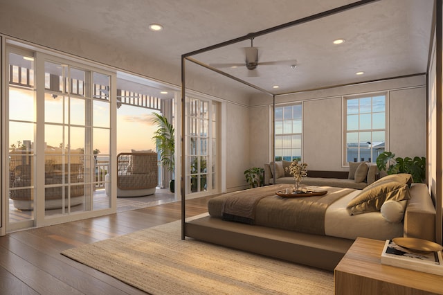 62 S Somerset St, Inlet Beach, FL 32461 - bedroom with hardwood / wood-style floors, access to exterior, recessed lighting, expansive windows, and a ceiling fan