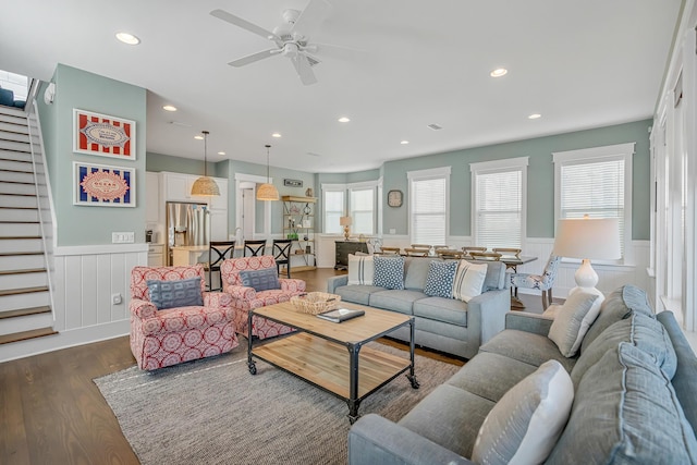 654 Flatwoods Forest Loop, Santa Rosa Beach, FL 32459 - living area featuring wainscoting, dark wood-style floors, stairway, recessed lighting, and ceiling fan