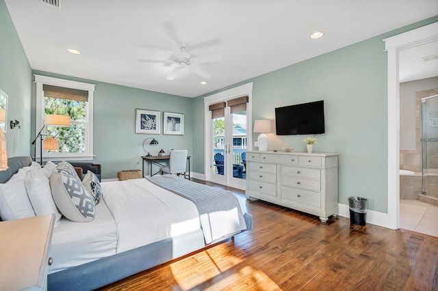 654 Flatwoods Forest Loop, Santa Rosa Beach, FL 32459 - bedroom with access to exterior, recessed lighting, wood finished floors, connected bathroom, and ceiling fan